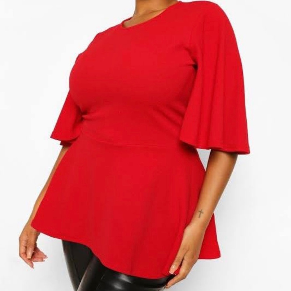 Boohoo Red Peplum Top with Flared Elbow Sleeves